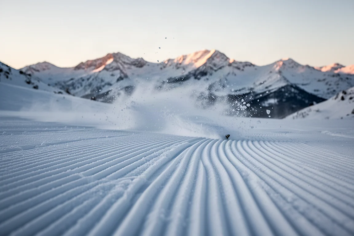 Gecarvde bochten gesneden in vers corduroy-piste
