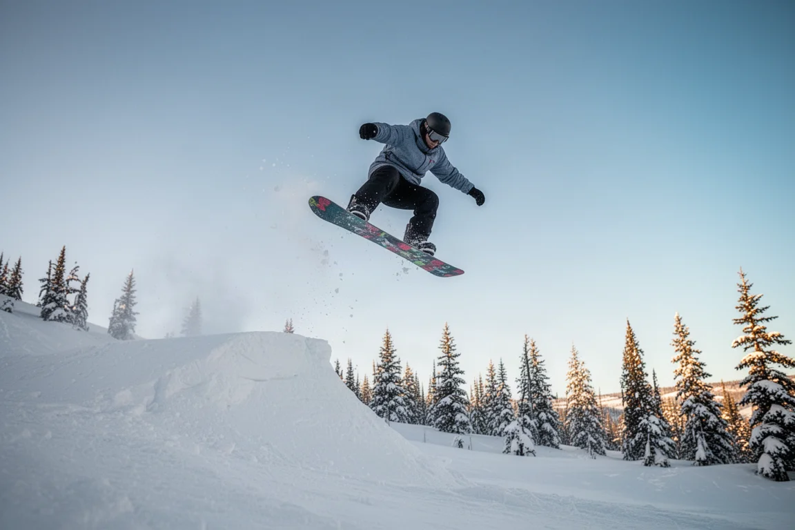 Snowboarder springt van een kickersprong met snap en controle in een backcountry-booter
