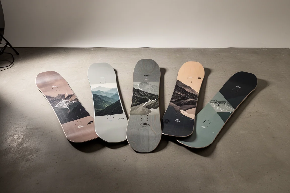 Vijf asymmetrische snowboards op een rij op een betonnen studiovloer