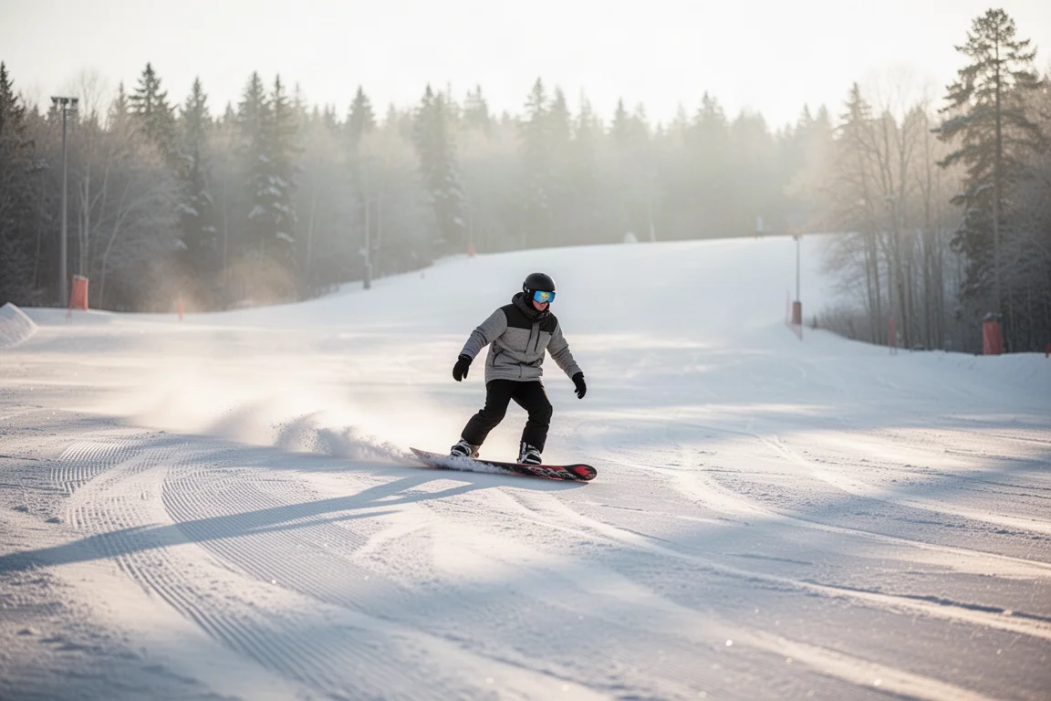 Snowboarder linking a mellow turn on a groomed beginner slope