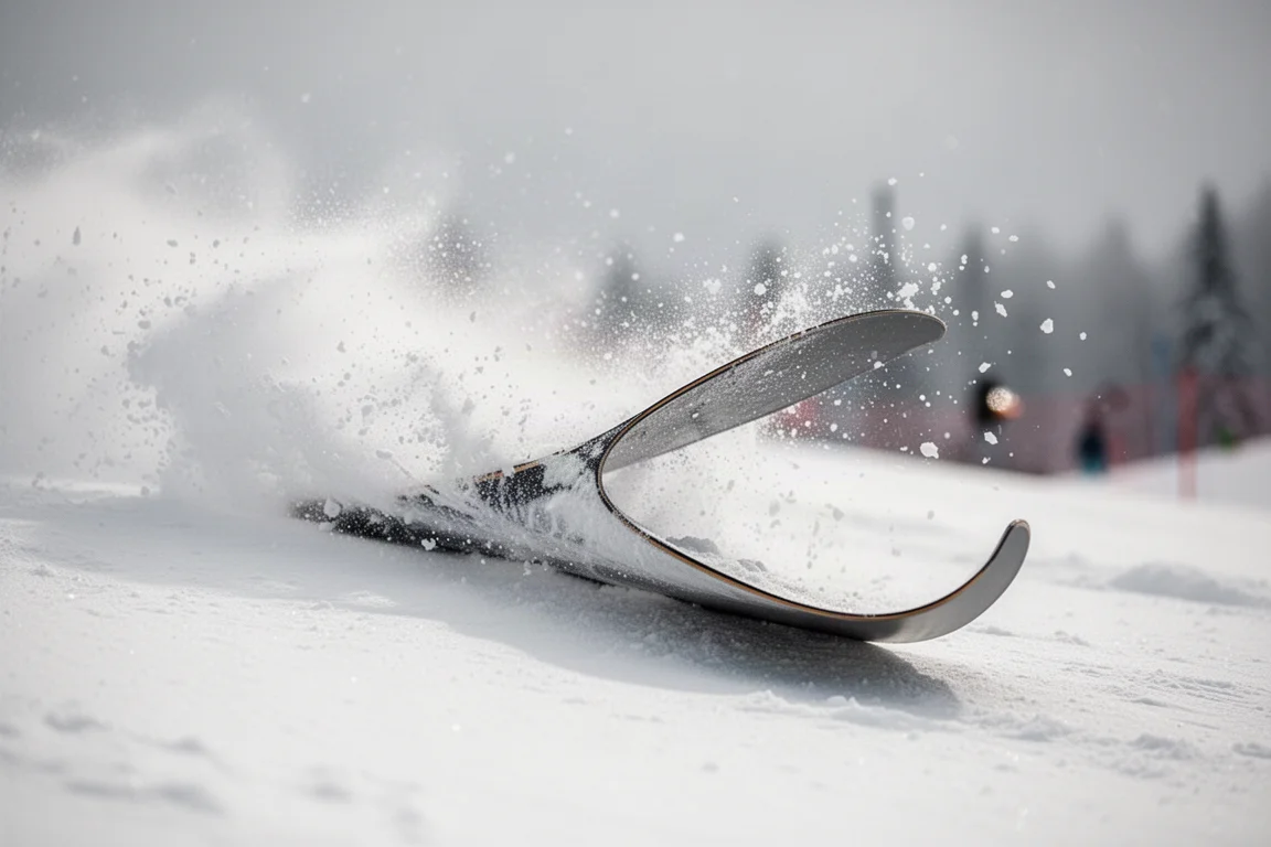 Close-up of a snowboard edge biting into packed snow mid-turn