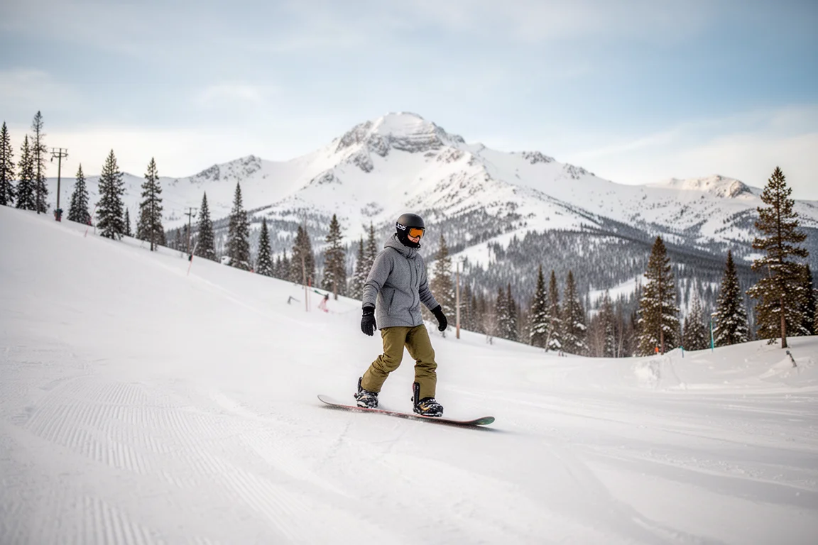 Snowboarder cruising a wide mellow groomer on a sunny winter day