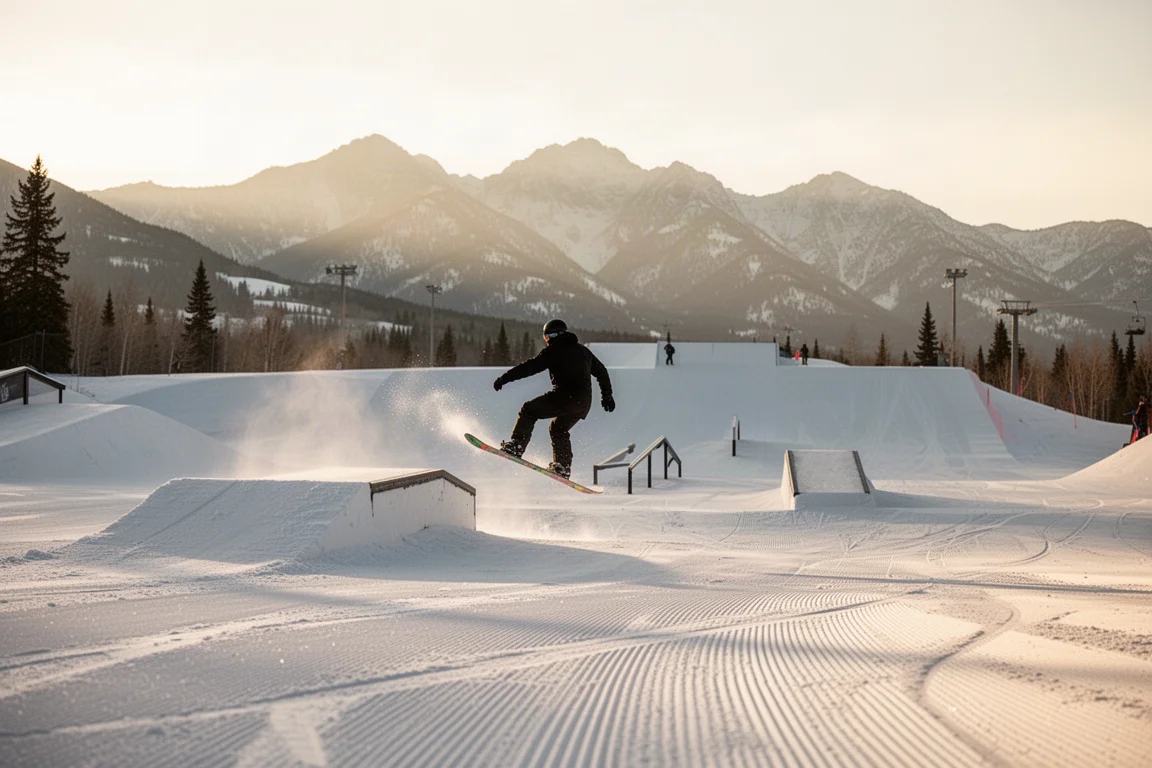 Snowboarder riding through a terrain park with jump lines in soft evening light