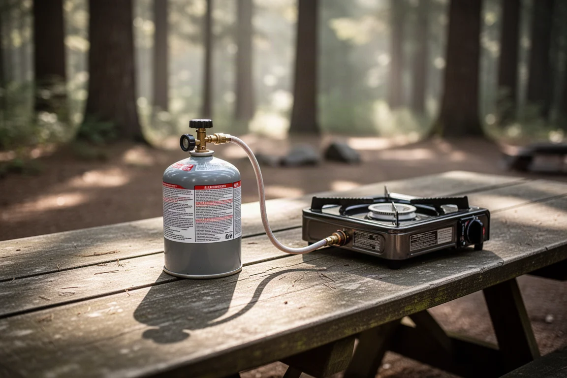 Nachfüllbare Propangasflasche an einen Campingkocher auf einem Picknicktisch angeschlossen