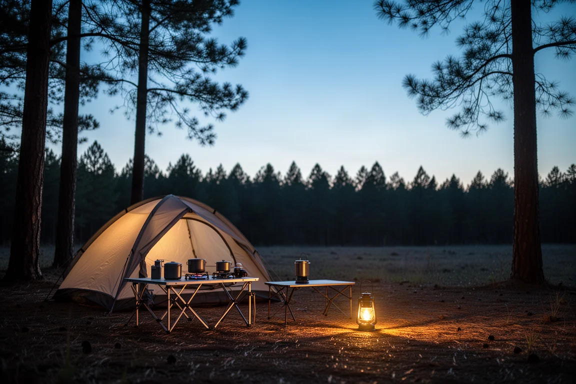 Beleuchtetes Zelt und Campingküche in der Abenddämmerung auf einer Lichtung im Kiefernwald