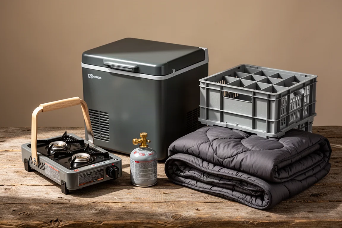 Camping essentials including a 12-volt fridge, camp stove and storage crate on wood