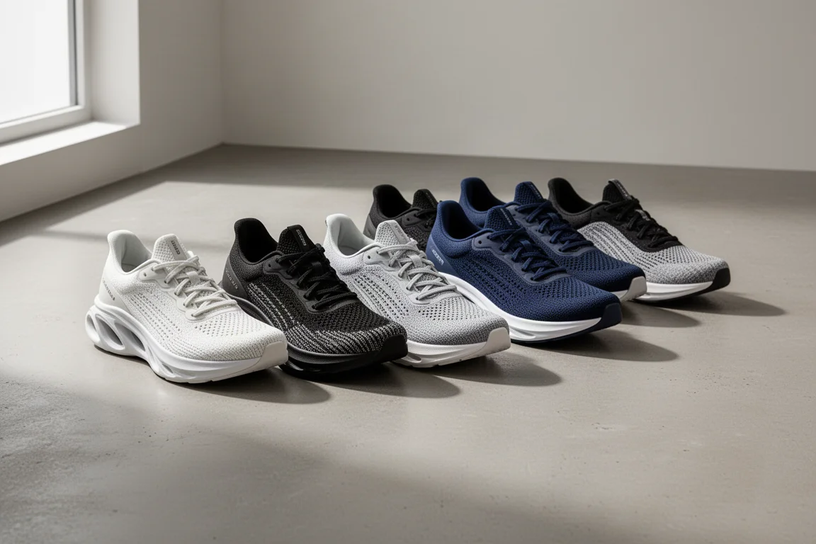 Sette scarpe da running quotidiane allineate su un pavimento di cemento grigio chiaro