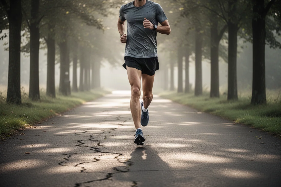 Runner logging easy recovery miles on a quiet paved path in soft morning light