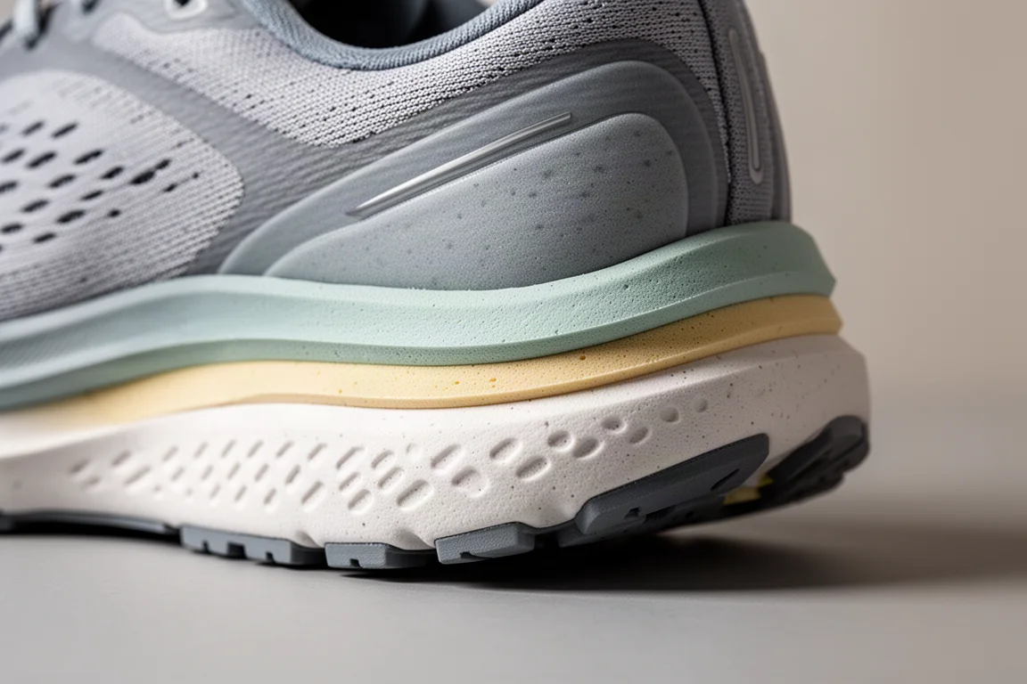 Close-up of a thick cushioned running shoe midsole showing layered foam