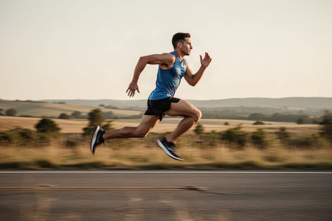 Runner pushing the pace on an open road during a tempo workout
