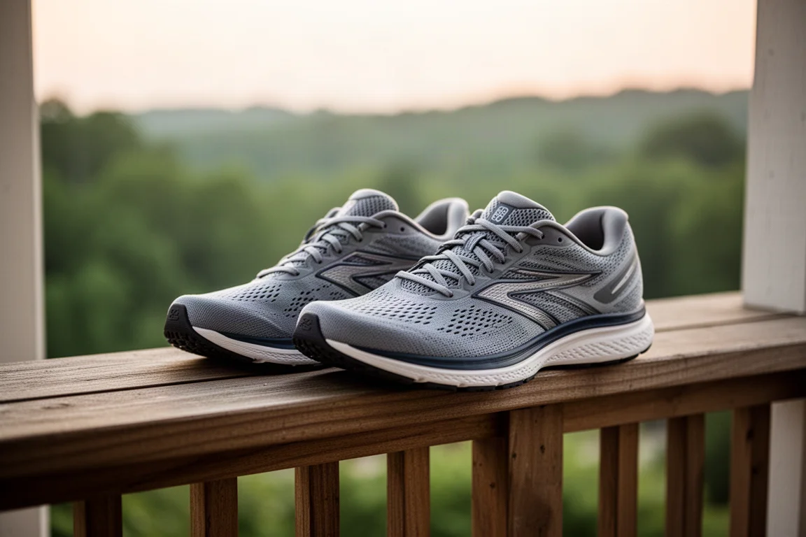 Cushioned running shoes resting on a porch railing after a long run