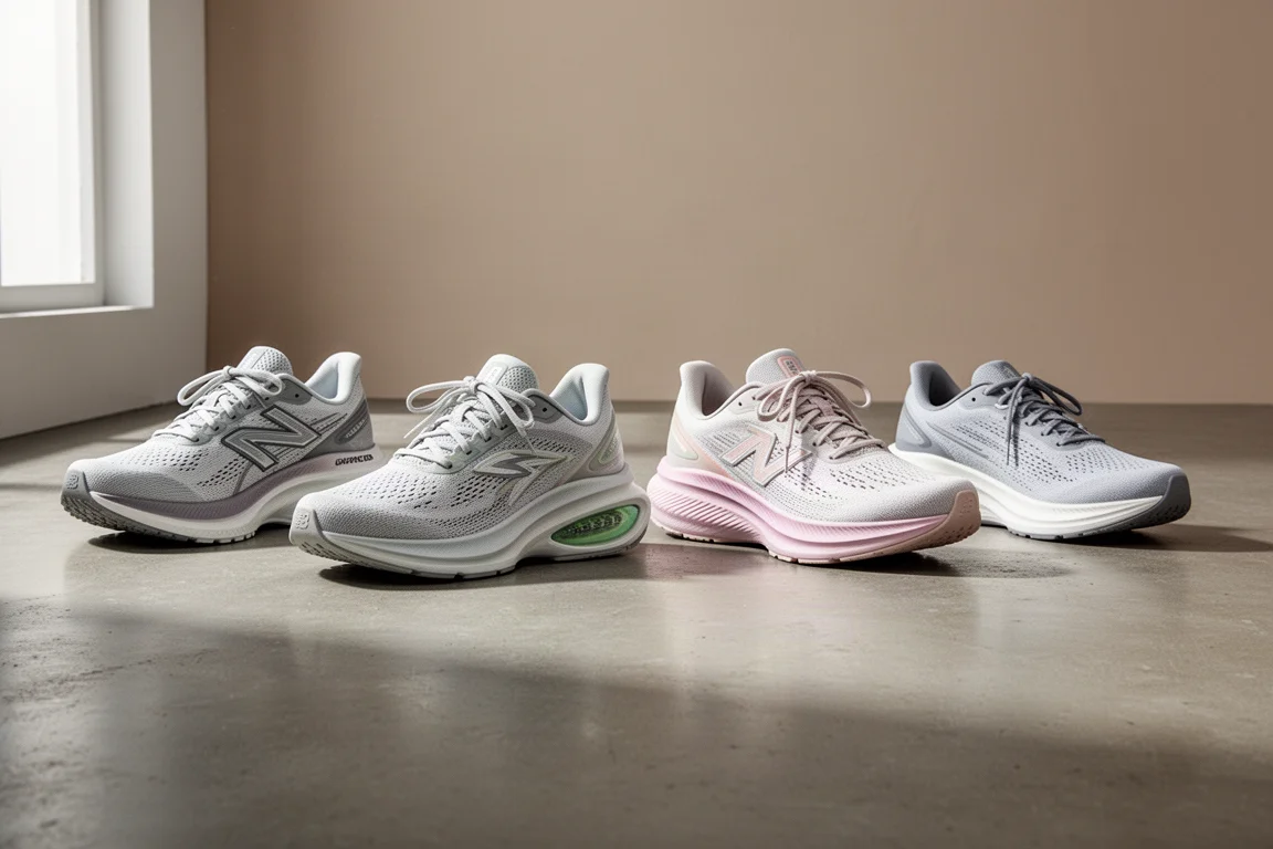 Six daily trainer running shoes arranged in a row on a concrete studio floor