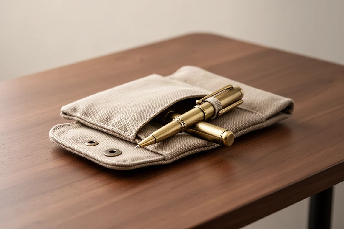 Pluma de bolsillo en una pequeña funda de tela sobre un escritorio
