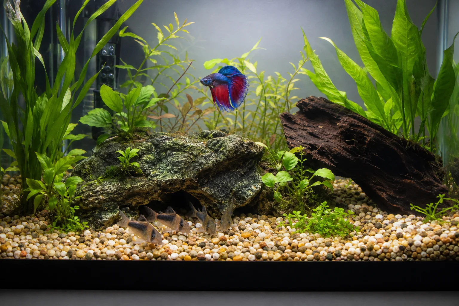 Akvarium med kampfisk och pansarmalar som simmar bland dekorationer