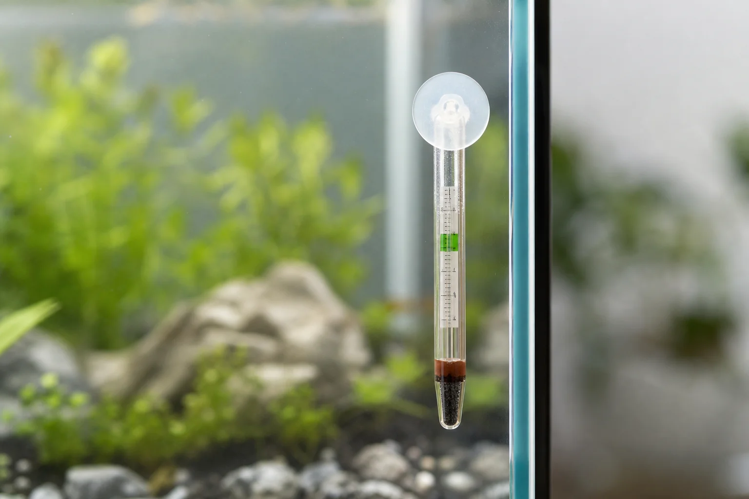 Akvarietermometer monterad på insidan av akvarieglaset