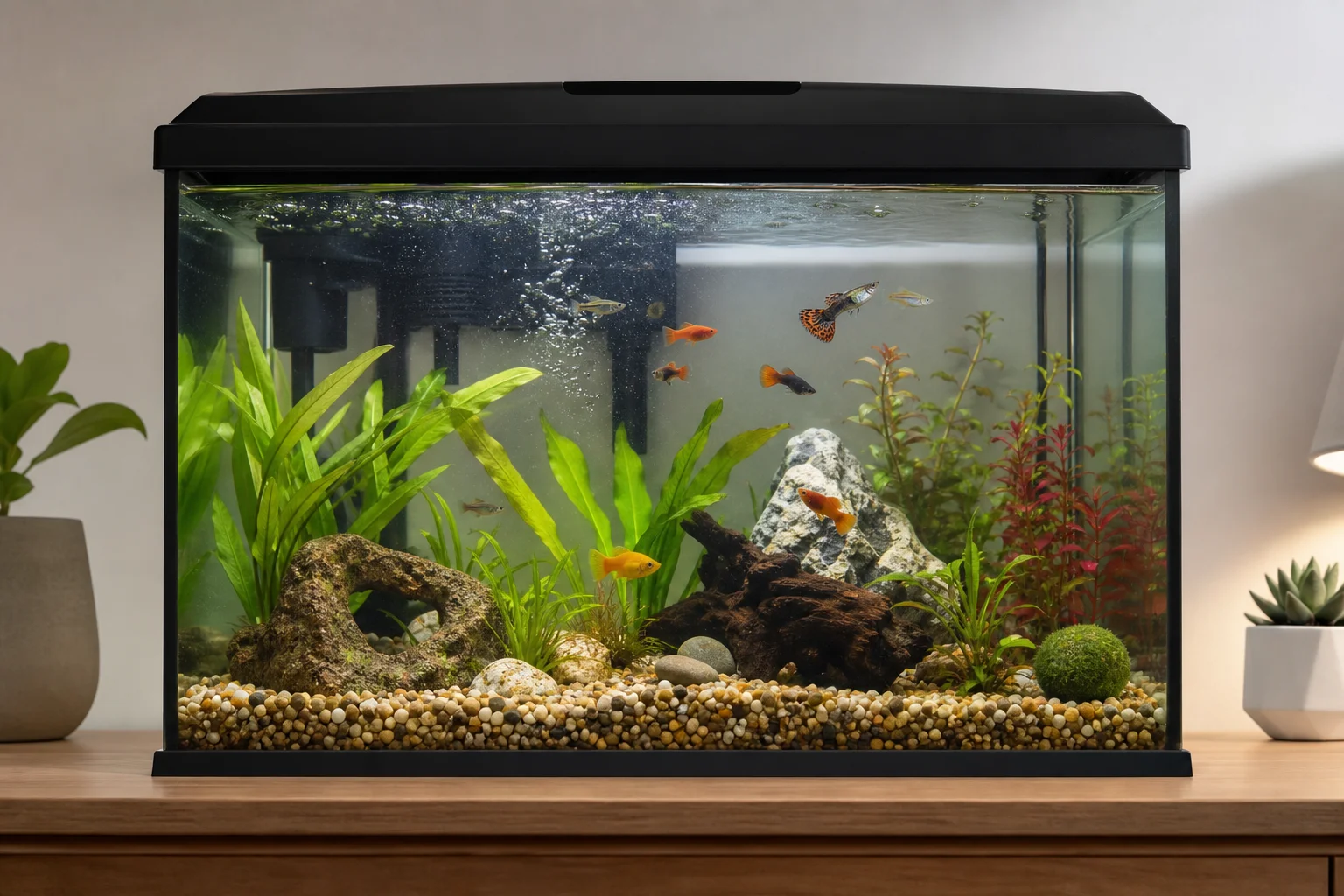 Ett fullt etablerat akvarium med fiskar som simmar aktivt och dekorationer på plats