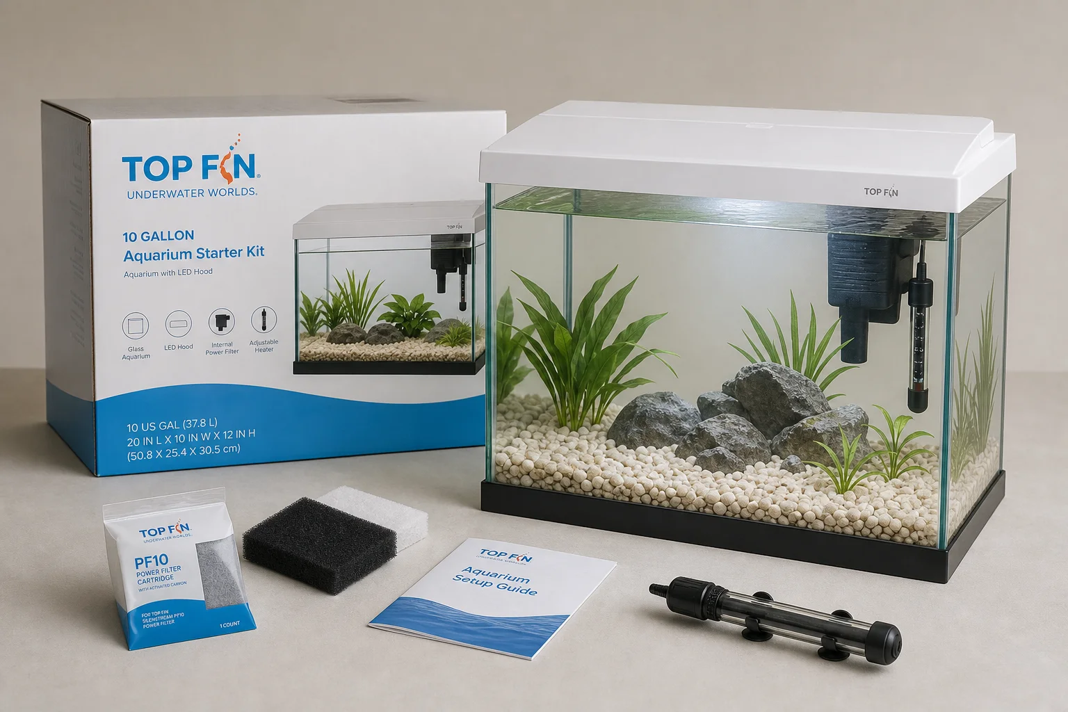 Top Fin 10 gallon akvariekit med huv, belysning, värmare och tillbehör på en neutral yta
