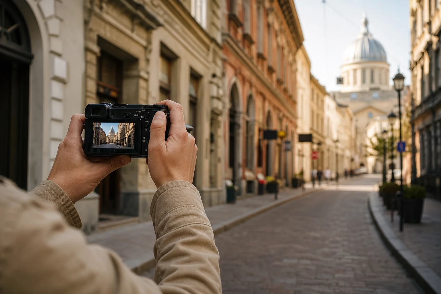 Viajero fotografiando una concurrida calle de la ciudad con una cámara compacta