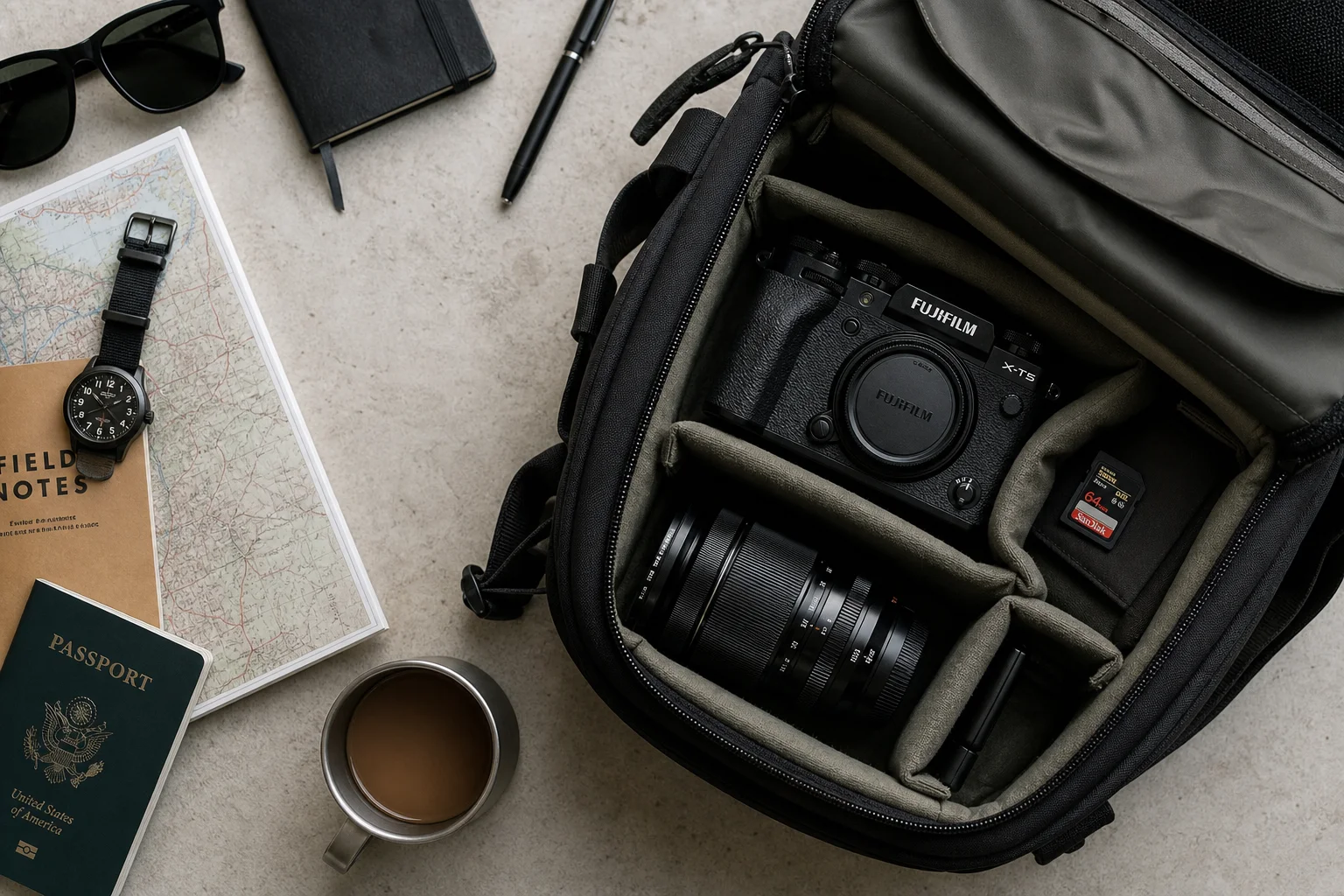 Cámara compacta guardada en una mochila de viaje junto con equipo fotográfico