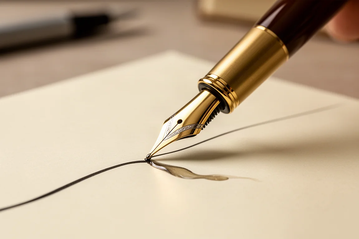 Ponta de caneta-tinteiro apoiada em papel creme com linhas de tinta recém-escritas e fluidas