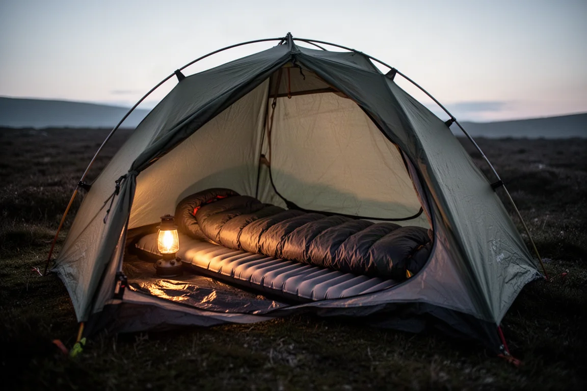 Inflated sleeping pad and sleeping bag inside a small tent at dusk