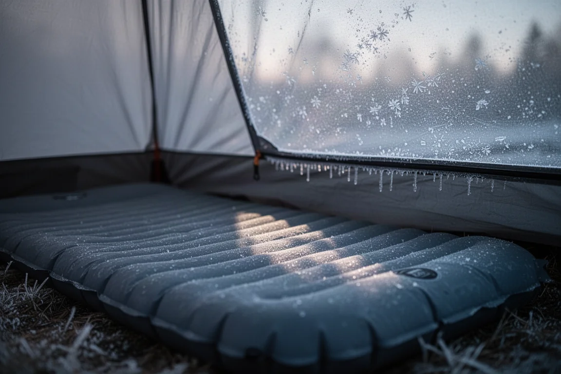 Insulated sleeping pad on a tent floor with frost on the fly at dawn