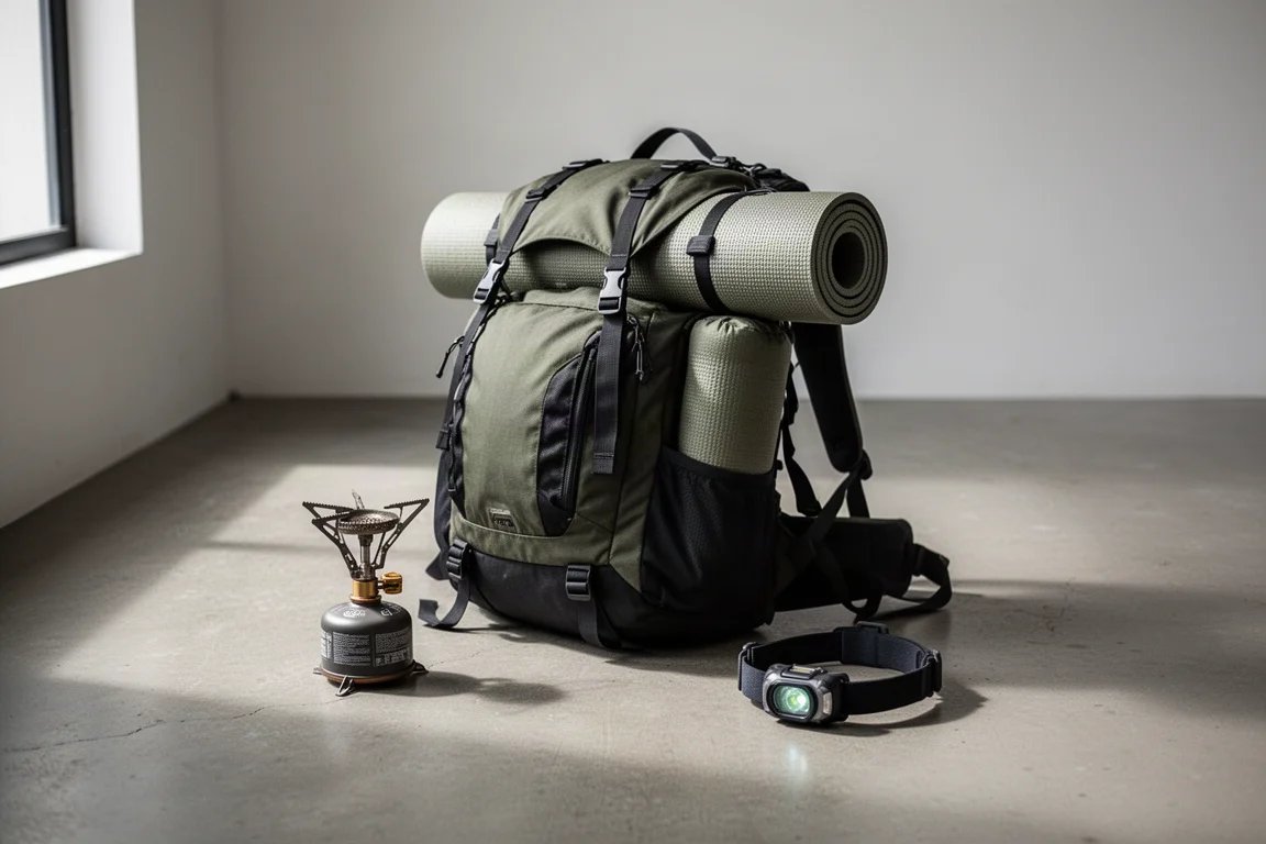 Hiking backpack with rolled sleeping pad and camping accessories on concrete