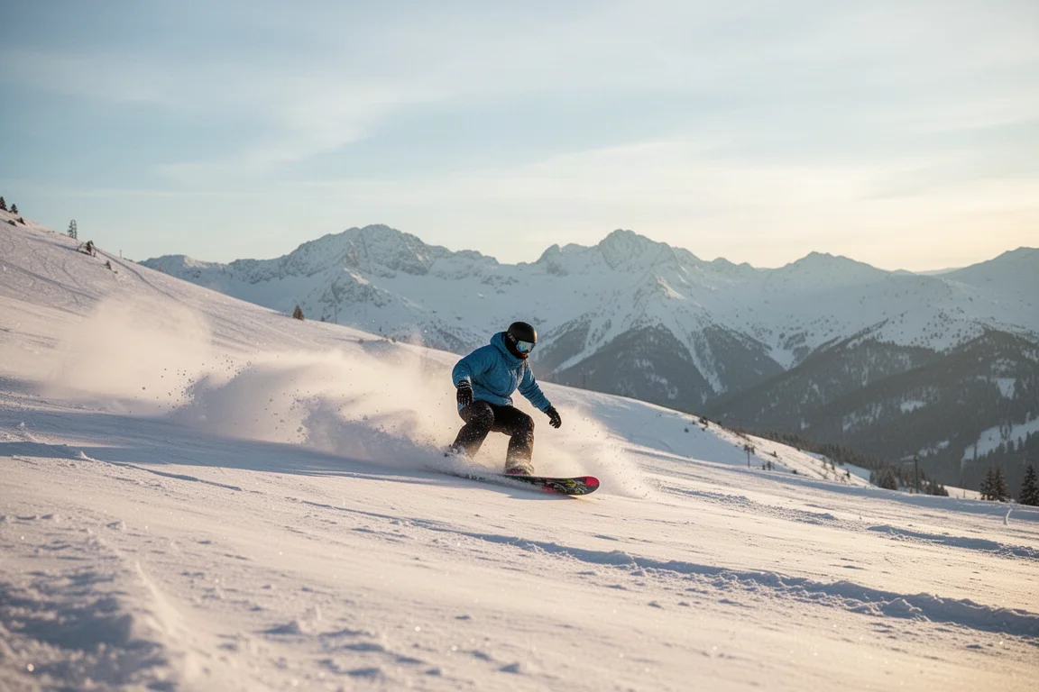 Snowboarder tallando curvas en nieve polvo fresca en una pendiente alpina soleada