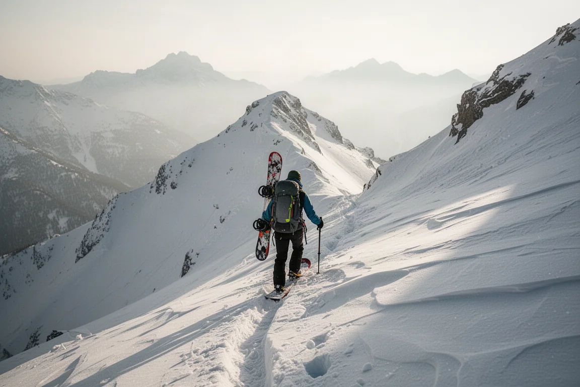 Snowboarder caminando hacia un empinado couloir alpino a primera hora de la mañana
