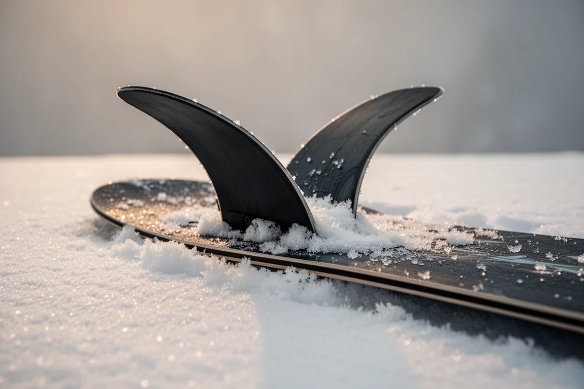 Primer plano de la cola swallow tail de una tabla de snowboard sobre nieve fresca