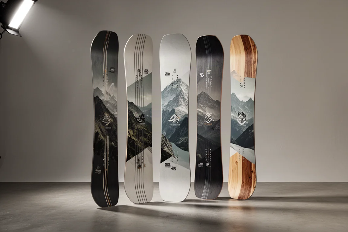 五款定向型 Freeride 雪板在攝影棚內成一排直立擺放