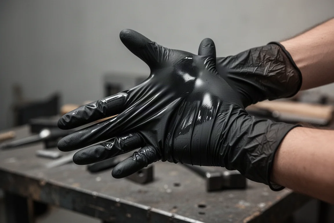 Mano guantata che indossa un guanto nero in nitrile teso sulle dita