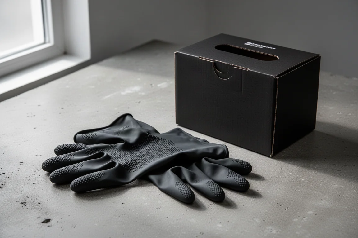 Black 7 mil nitrile work glove beside a black dispenser box on concrete