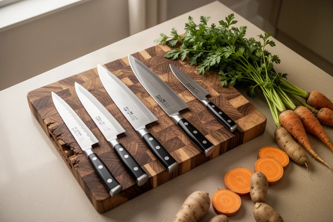 Assortment of Japanese kitchen knives laid out on a wooden prep counter