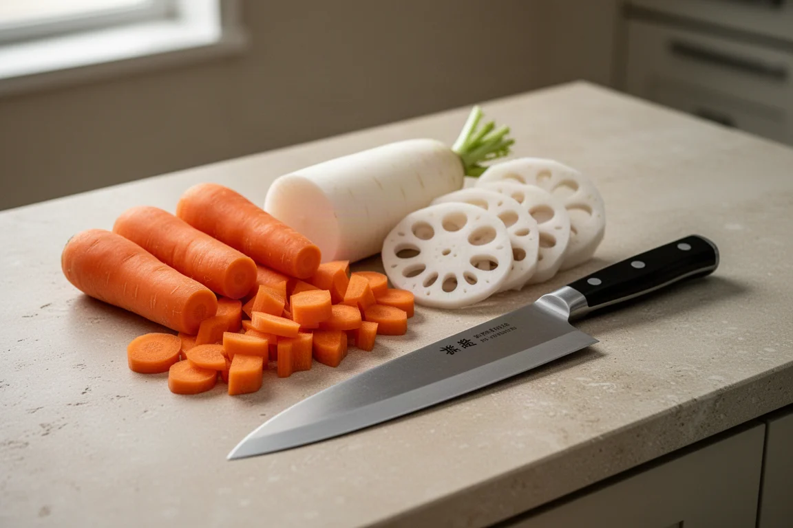 Chopped vegetables on a cutting board beside a wide flat-bladed knife