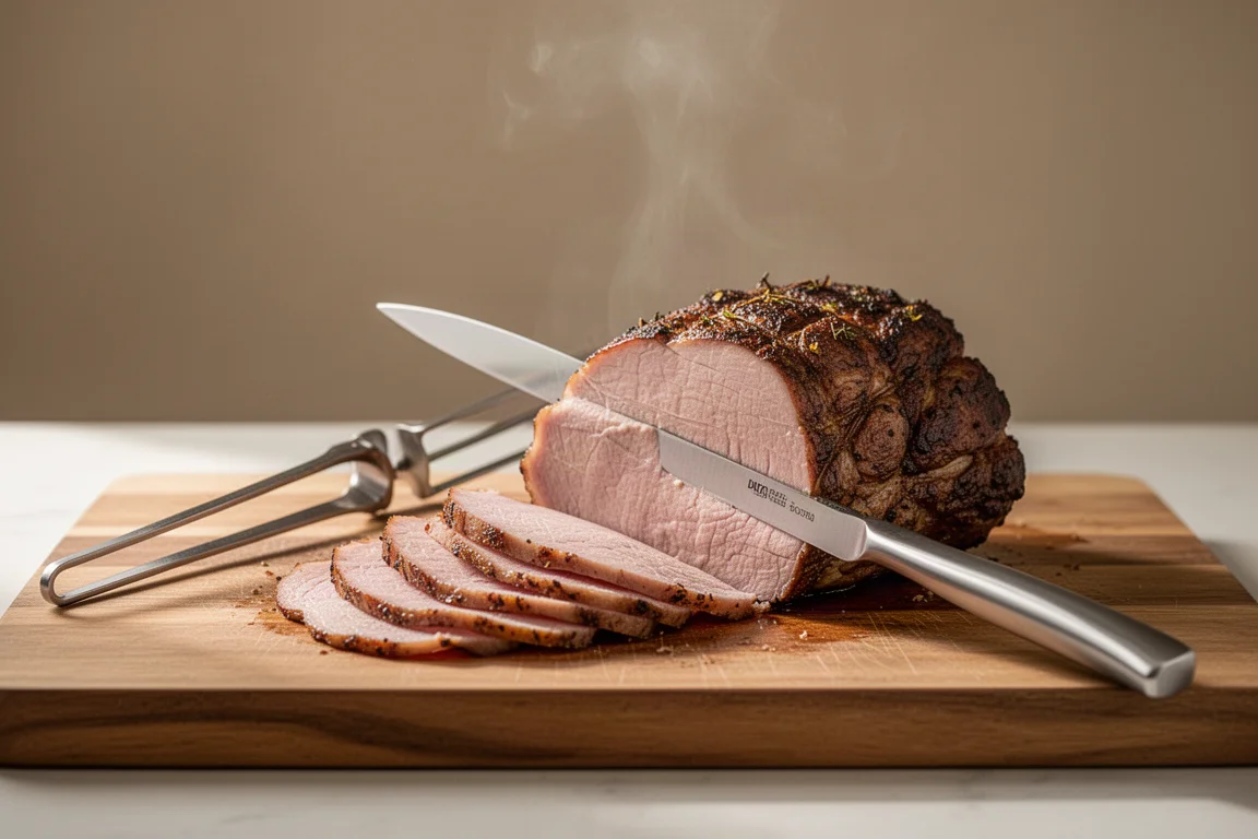 Roast being carved into thin slices on a carving board