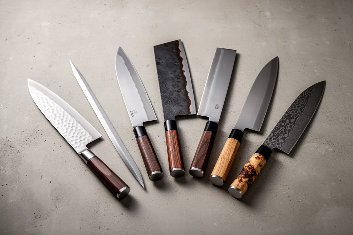 Seven Japanese kitchen knives arranged in a fan layout on a concrete surface