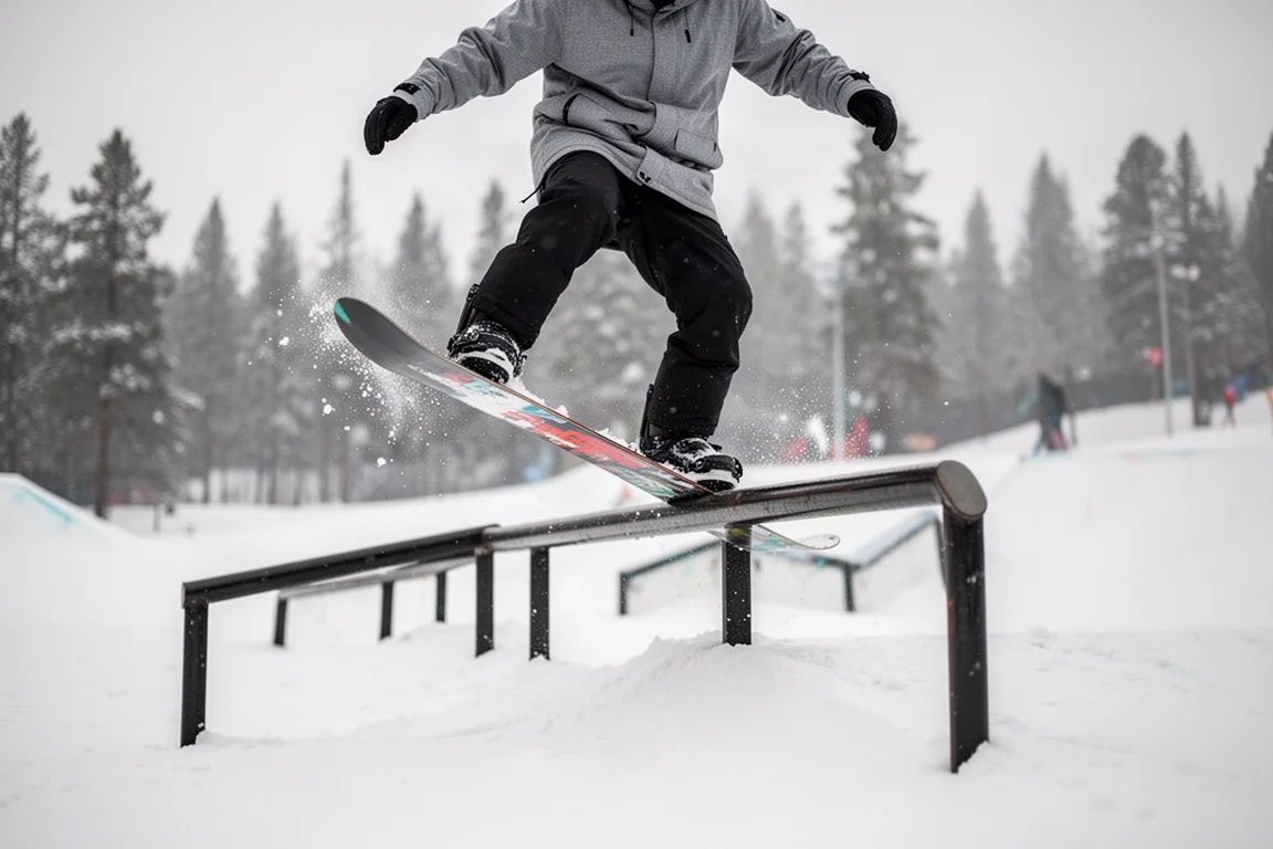 Snowboarder che preme il nose su una rail in un terrain park
