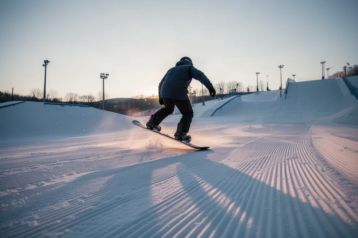 Snowboarder che buttera su una pista tranquilla del parco al tramonto