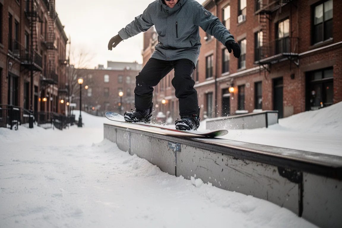 Snowboarder che scivola su una rail in discesa in un contesto urbano di strada