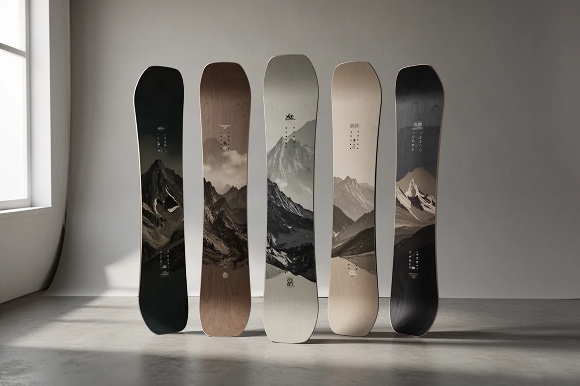 Cinque tavole da snowboard in piedi su uno sfondo neutro da studio