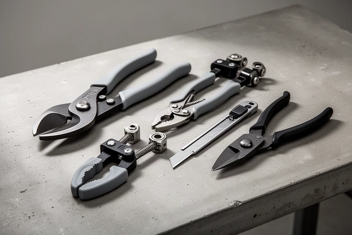 Assortimento di pinze, forbici e un taglierino in stile Knipex su una bancale in cemento