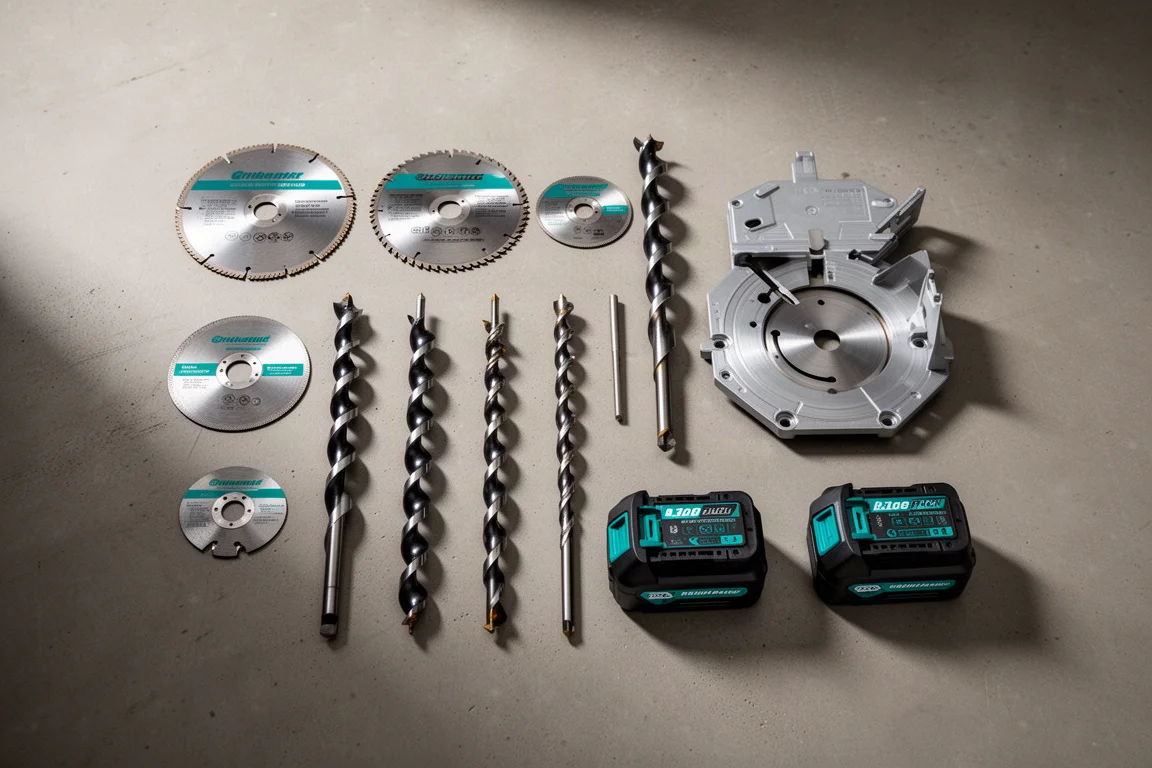 Vue à plat d'outils sans fil et d'accessoires posés sur un sol en béton