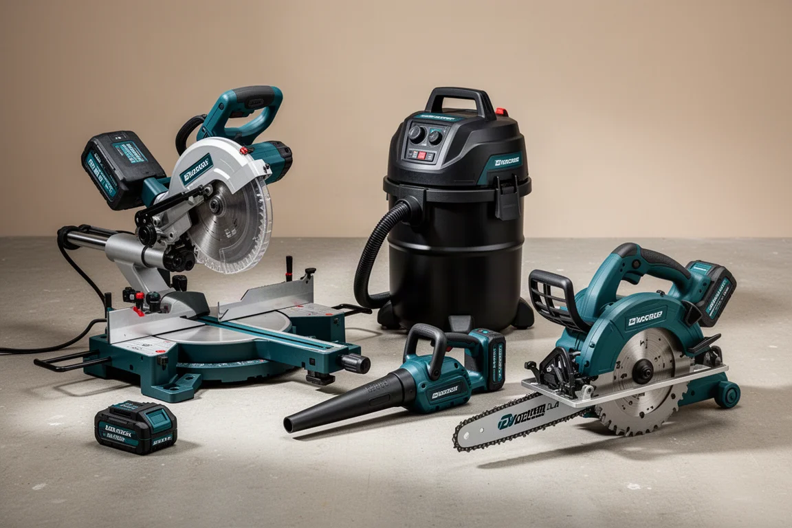 Makita 40V cordless power tools grouped on a concrete workshop floor