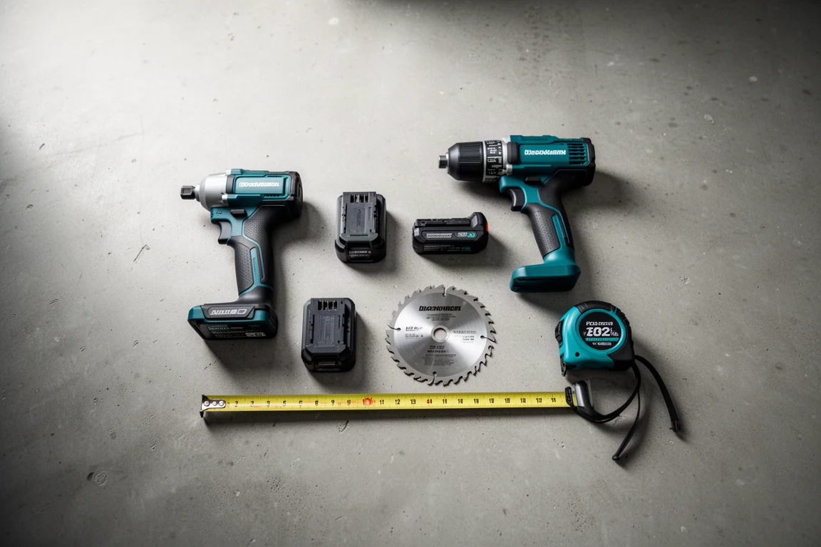 Outils électriques sans fil disposés sur un établi d'atelier sous lumière naturelle