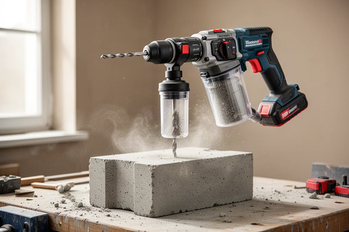 Un marteau-perforateur compact perçant dans le béton avec aspiration de poussière installée