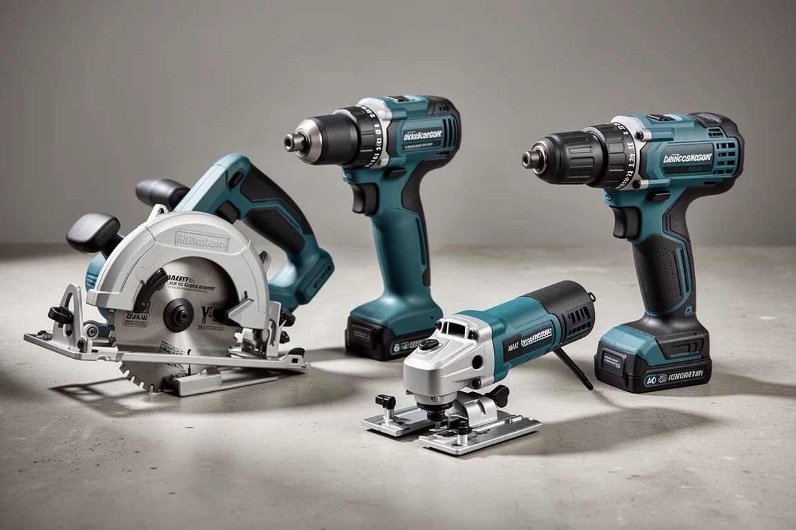 Four Makita cordless power tools arranged on a concrete workshop surface