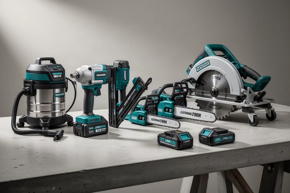 Línea de herramientas eléctricas inalámbricas Makita que incluye aspiradoras, llave de impacto, clavadora, motosierras y una sierra de viga sobre un banco de taller