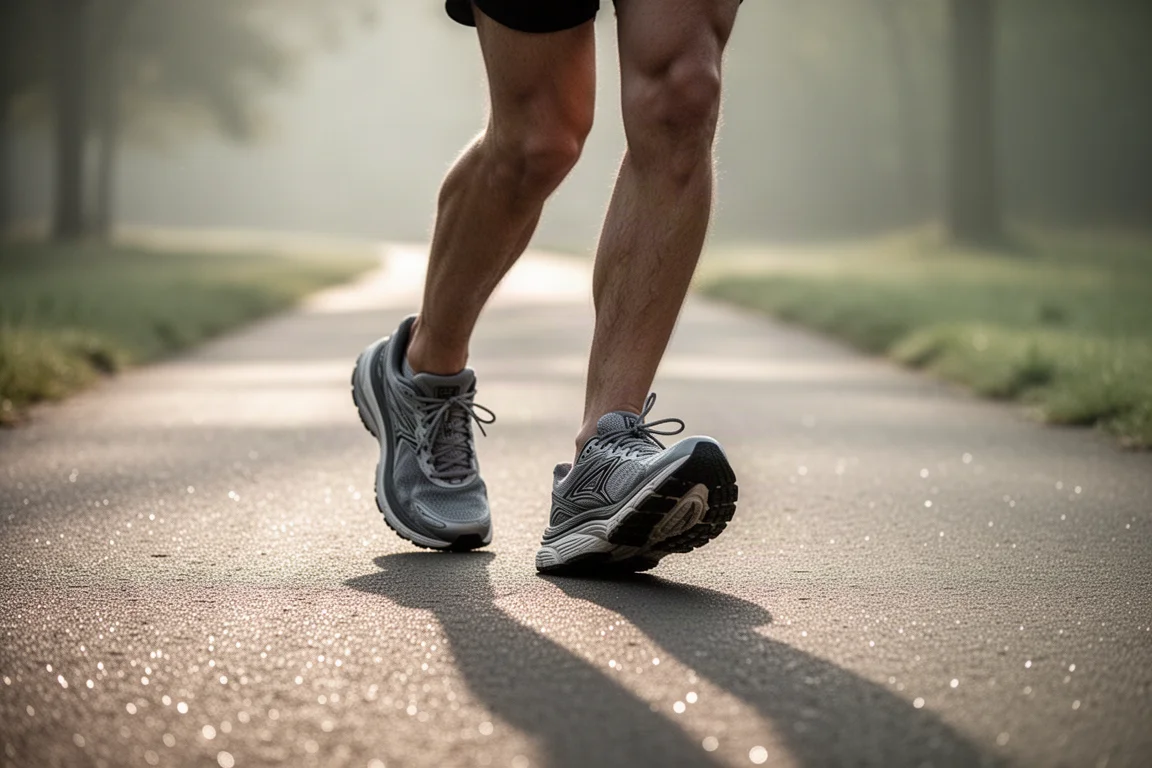 Runner che cammina su una tranquilla strada asfaltata con scarpe da running dall'ammortizzazione soffice