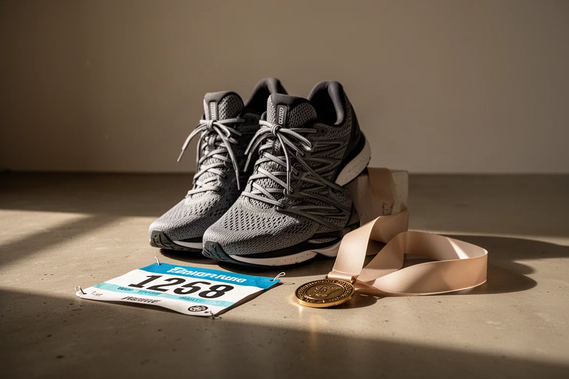Scarpe da running ammortizzate appoggiate accanto a una medaglia di traguardo marathon